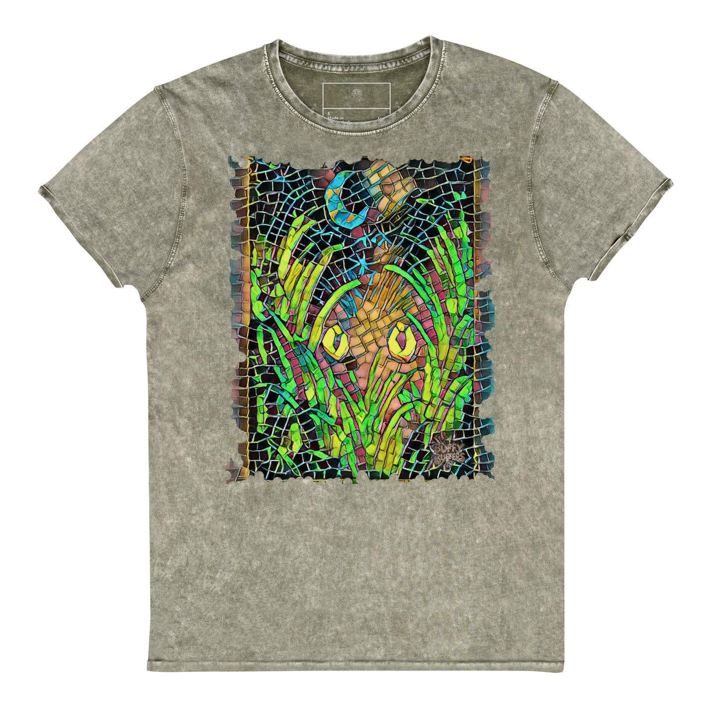 Dark army green denim-style unisex t-shirt featuring “Midnight Watcher” artwork in Amber Collection mosaic style (glowing yellow eyes in green grass under a crescent moon)