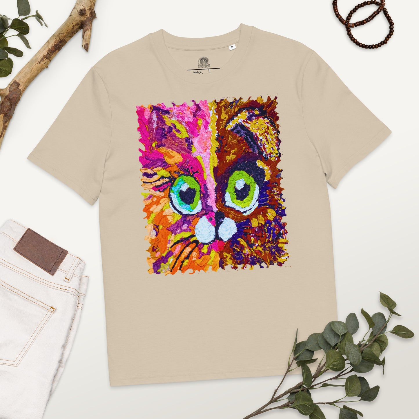 Half cat, half dog impasto portrait with bright green eyes in lively summer tones—rose, coral and golden yellow.