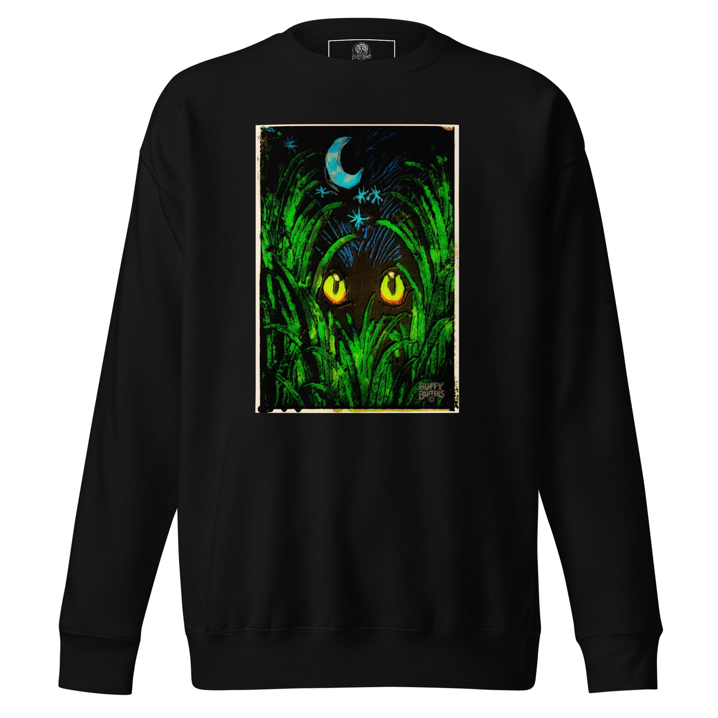 Black unisex premium sweatshirt featuring "Midnight Watcher" artwork – glowing yellow eyes in green grass under a crescent moon (Canva Collection)