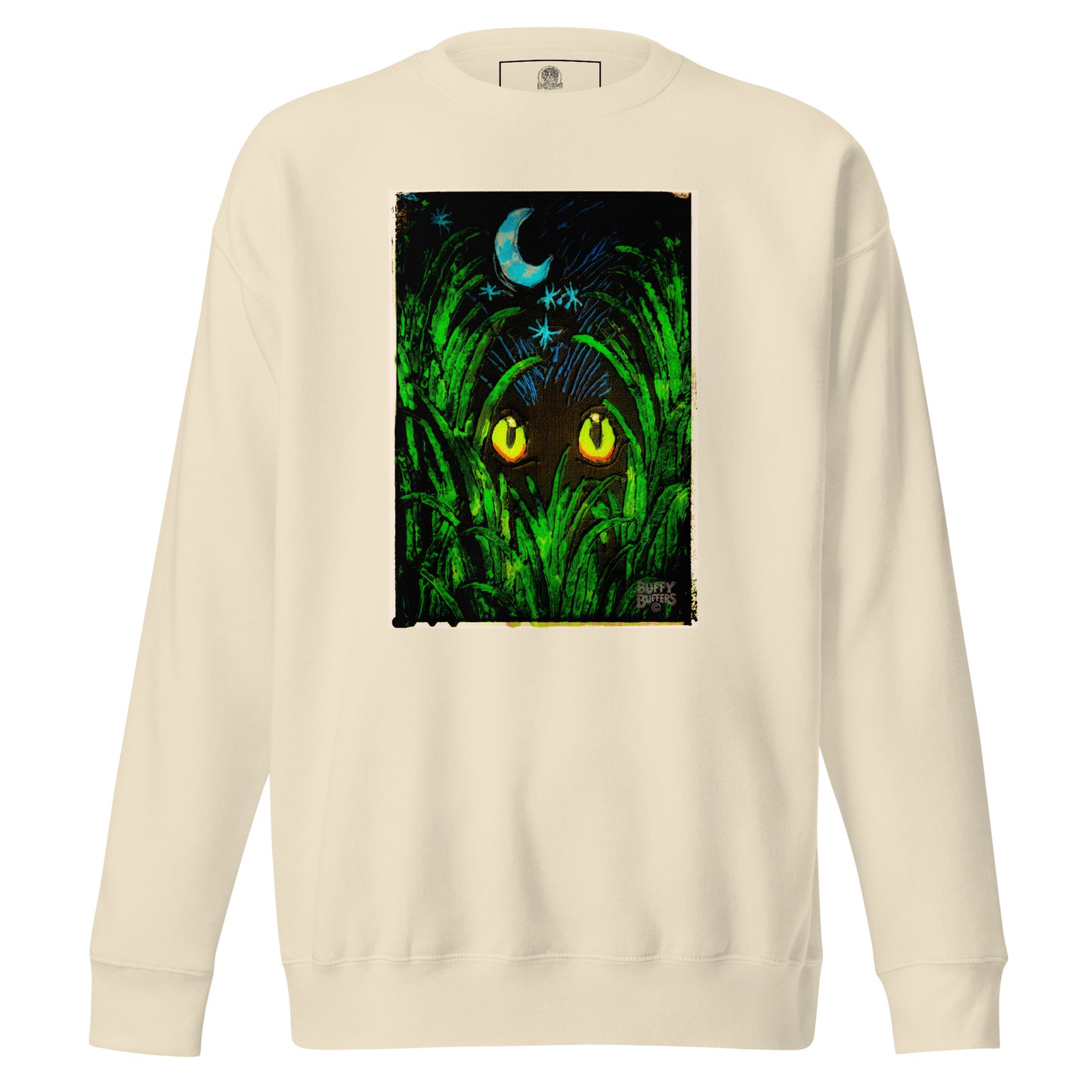Bone-colored unisex premium sweatshirt featuring "Midnight Watcher" artwork – glowing yellow eyes in green grass under a crescent moon (Canva Collection)