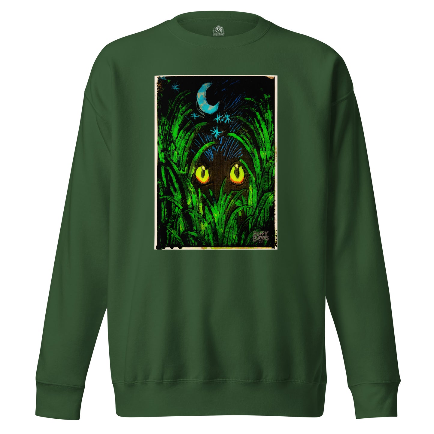 Forest green unisex premium sweatshirt featuring "Midnight Watcher" artwork – glowing yellow eyes in green grass under a crescent moon (Canva Collection)