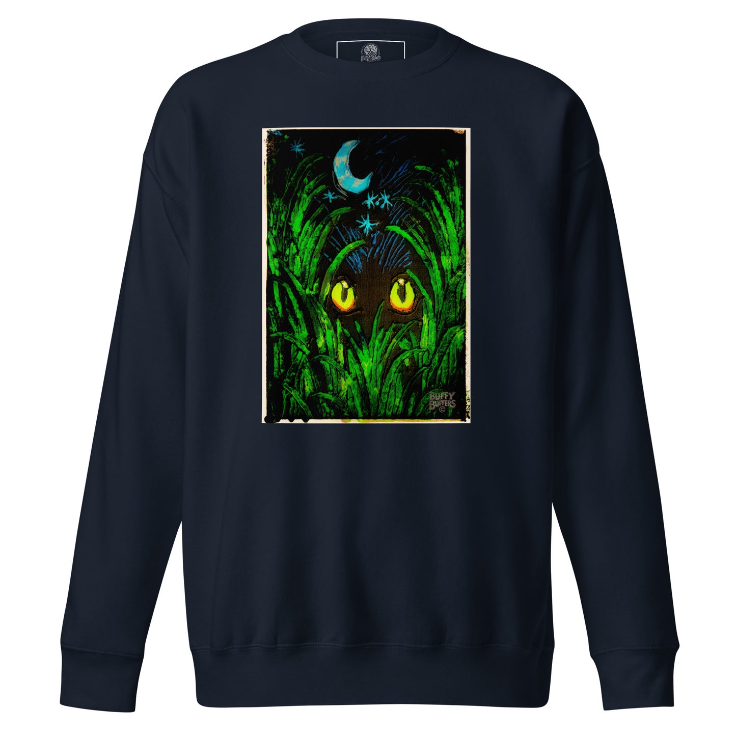 Navy blazer unisex premium sweatshirt featuring "Midnight Watcher" artwork – glowing yellow eyes in green grass under a crescent moon (Canva Collection)