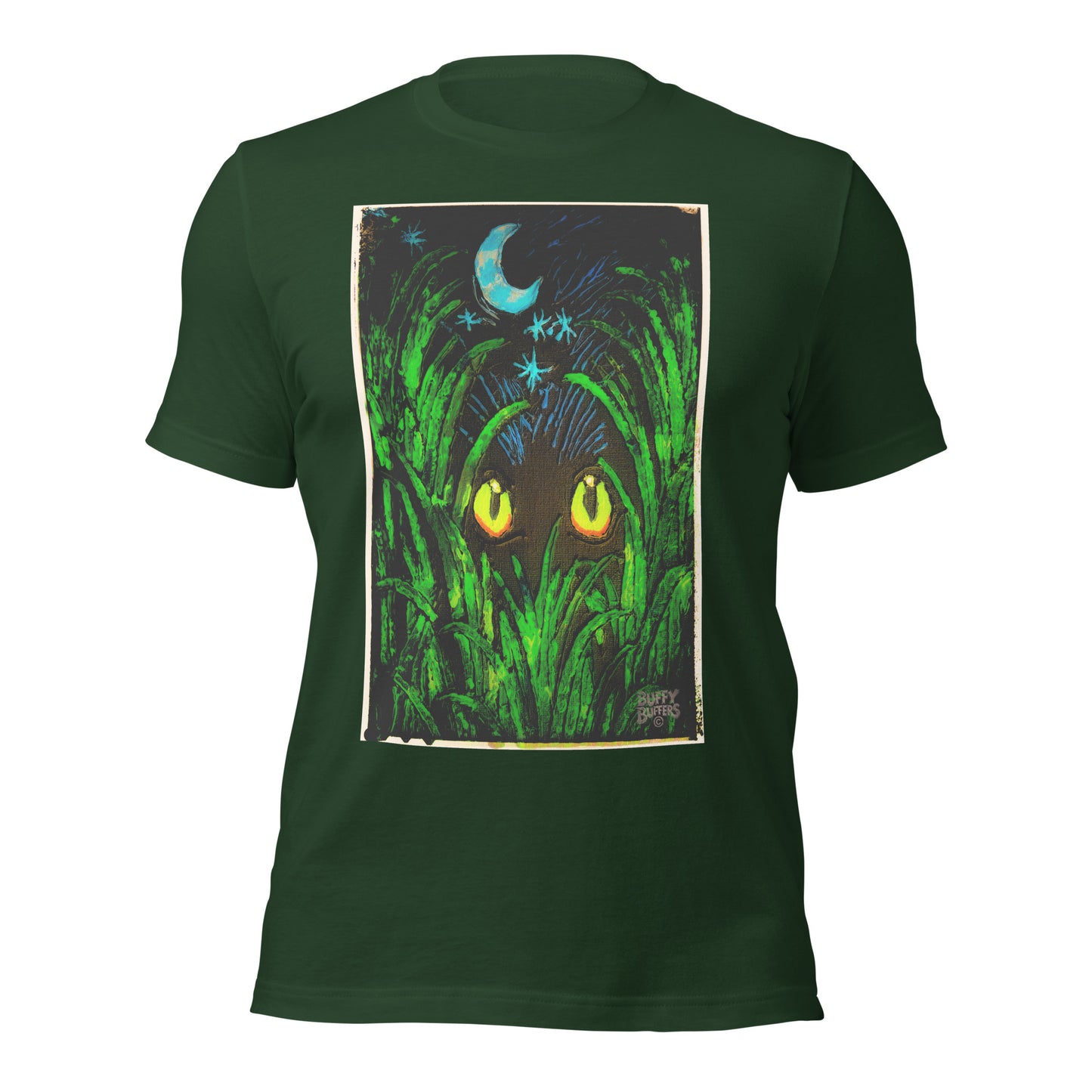 Forest green unisex t-shirt featuring "Midnight Watcher" artwork – glowing yellow eyes in green grass under a crescent moon (Canva Collection)