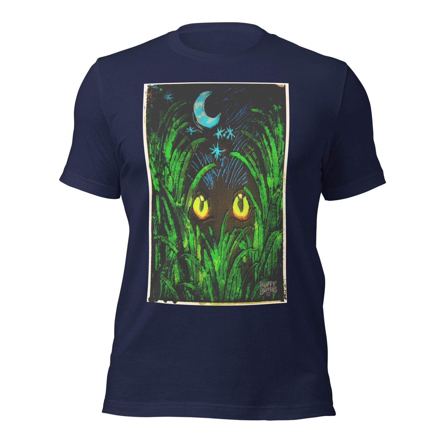 Navy unisex t-shirt featuring "Midnight Watcher" artwork – glowing yellow eyes in green grass under a crescent moon (Canva Collection)