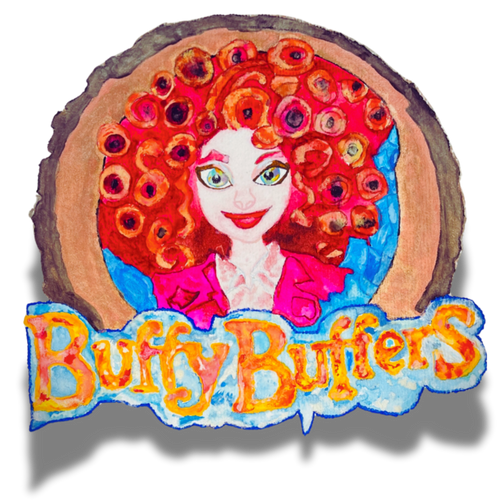 Decorative sign with a cartoon character and 'Buffy Buffers' text on a wooden background