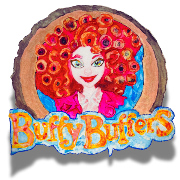Decorative sign with a cartoon character and 'Buffy Buffers' text on a wooden background