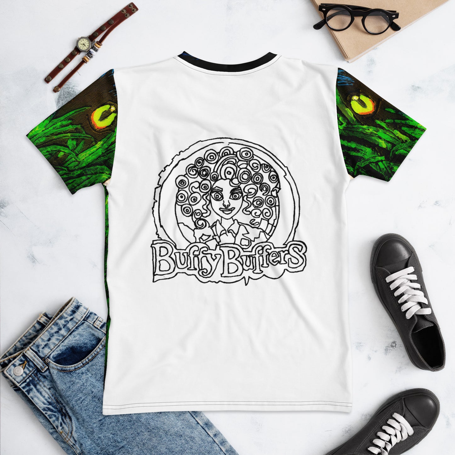 ProdMidnight Watcher women’s t-shirt back view — BuffyBuffers original artwear with green fantasy sleeves and signature logo.uct mockup