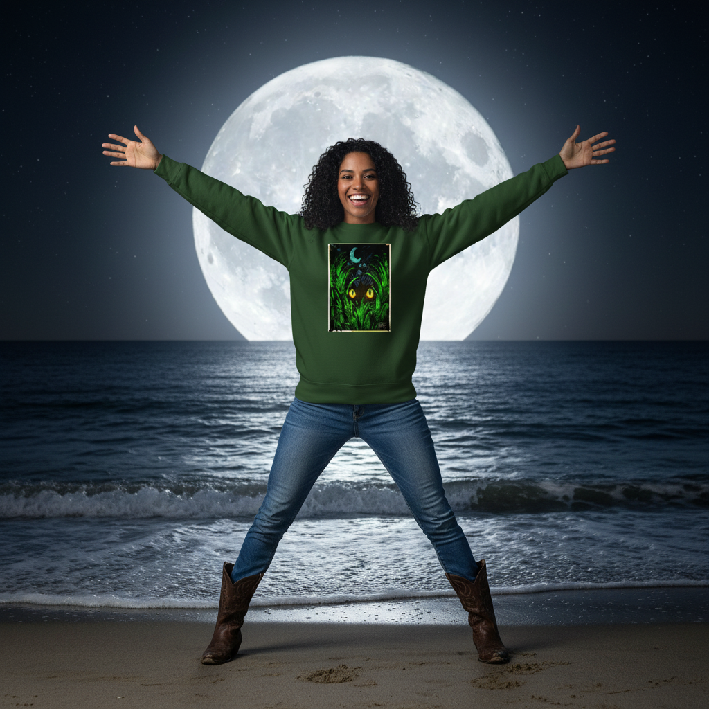 Could you add my midnight watcher design on the clothing and could you change as if she's by the seaAnd behind her is the big moon and the light is shining from behind herArms are still wide openAnd the legs are wide apart