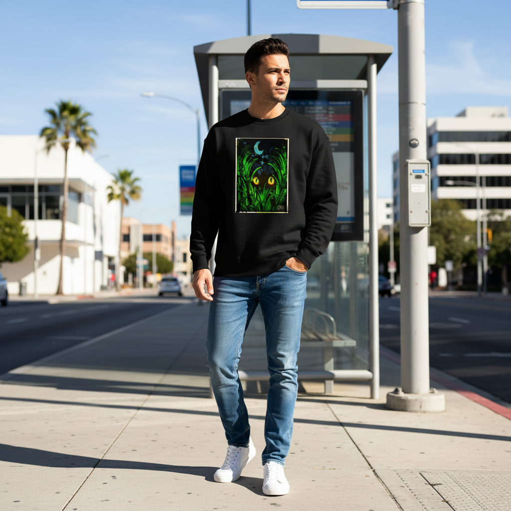Mockup of a man standing at a bus stop on a sunny day wearing BuffyBuffers' Midnight Watcher sweatshirt — a vivid impasto-style cat artwork with glowing eyes surrounded by green brushstrokes. Urban street background with palm trees and modern buildings. 