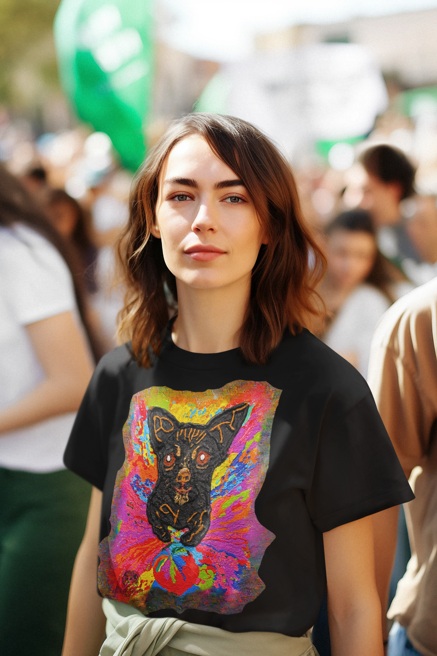 Woman wearing a black t-shirt with a colorful graphic design in a crowd.
