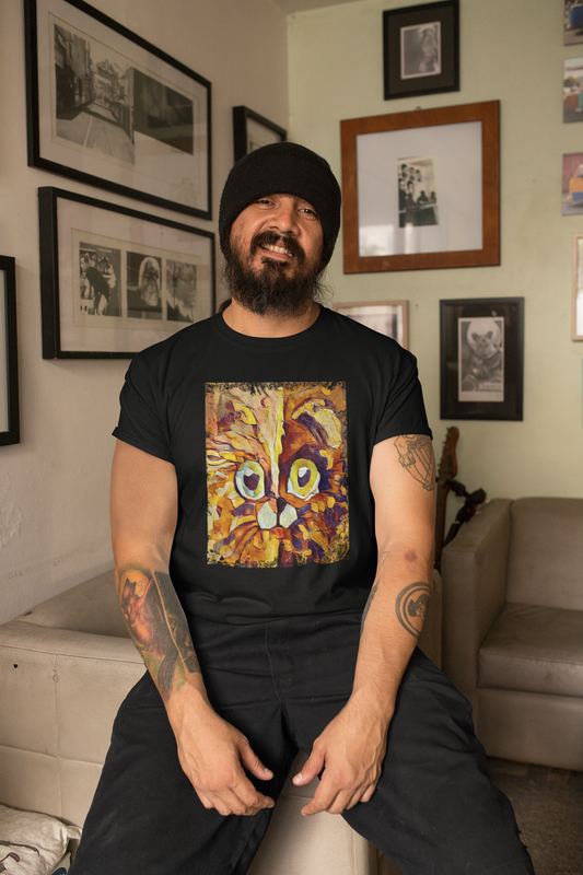 Half cat, half dog impasto portrait with bright green eyes in warm autumn browns—amber, rust and honey.