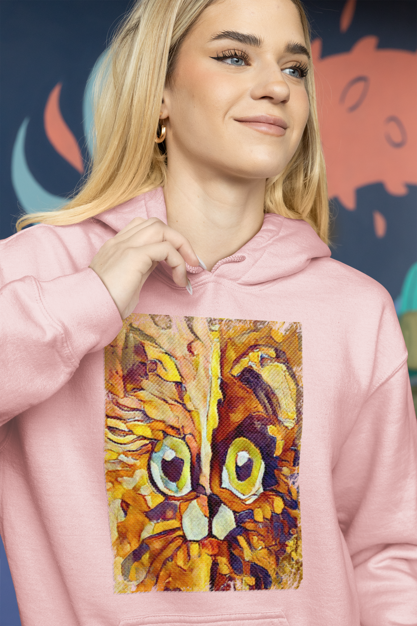 Half cat, half dog impasto portrait with bright green eyes in warm autumn browns—amber, rust and honey.