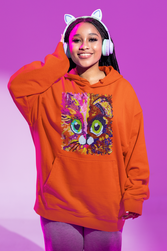 Half cat, half dog impasto portrait with bright green eyes in lively summer tones—rose, coral and golden yellow.