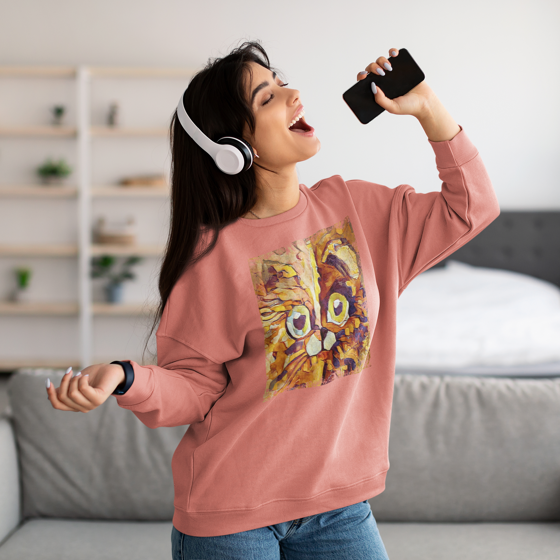 Half cat, half dog impasto portrait with bright green eyes in warm autumn browns—amber, rust and honey.