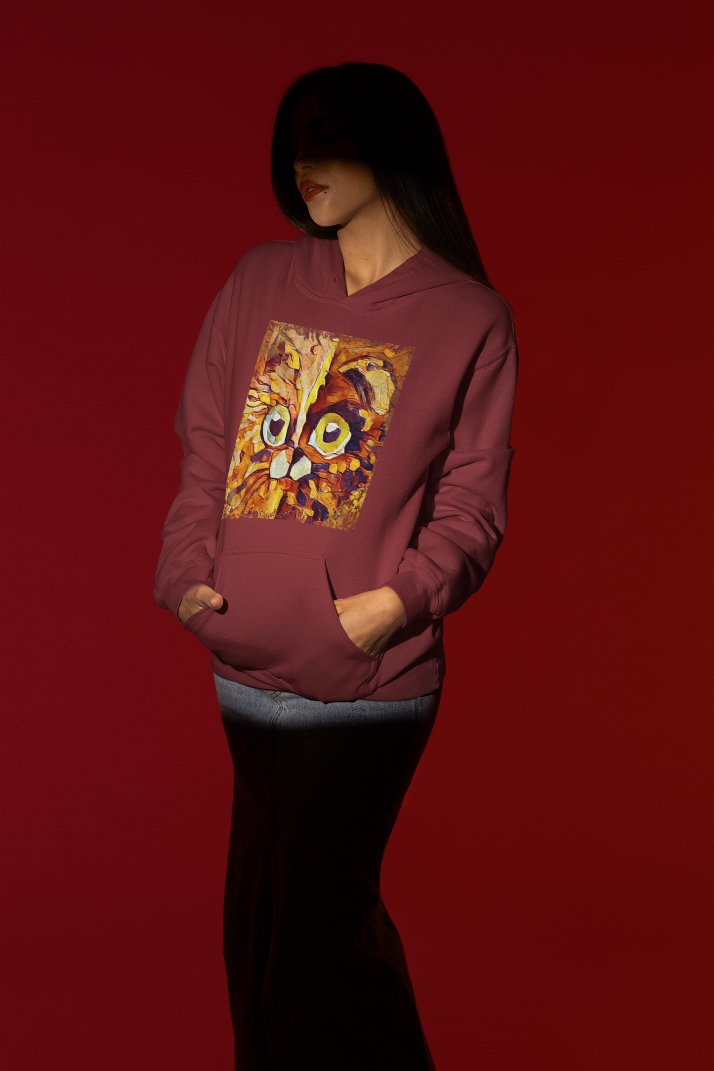 Half cat, half dog impasto portrait with bright green eyes in warm autumn browns—amber, rust and honey.