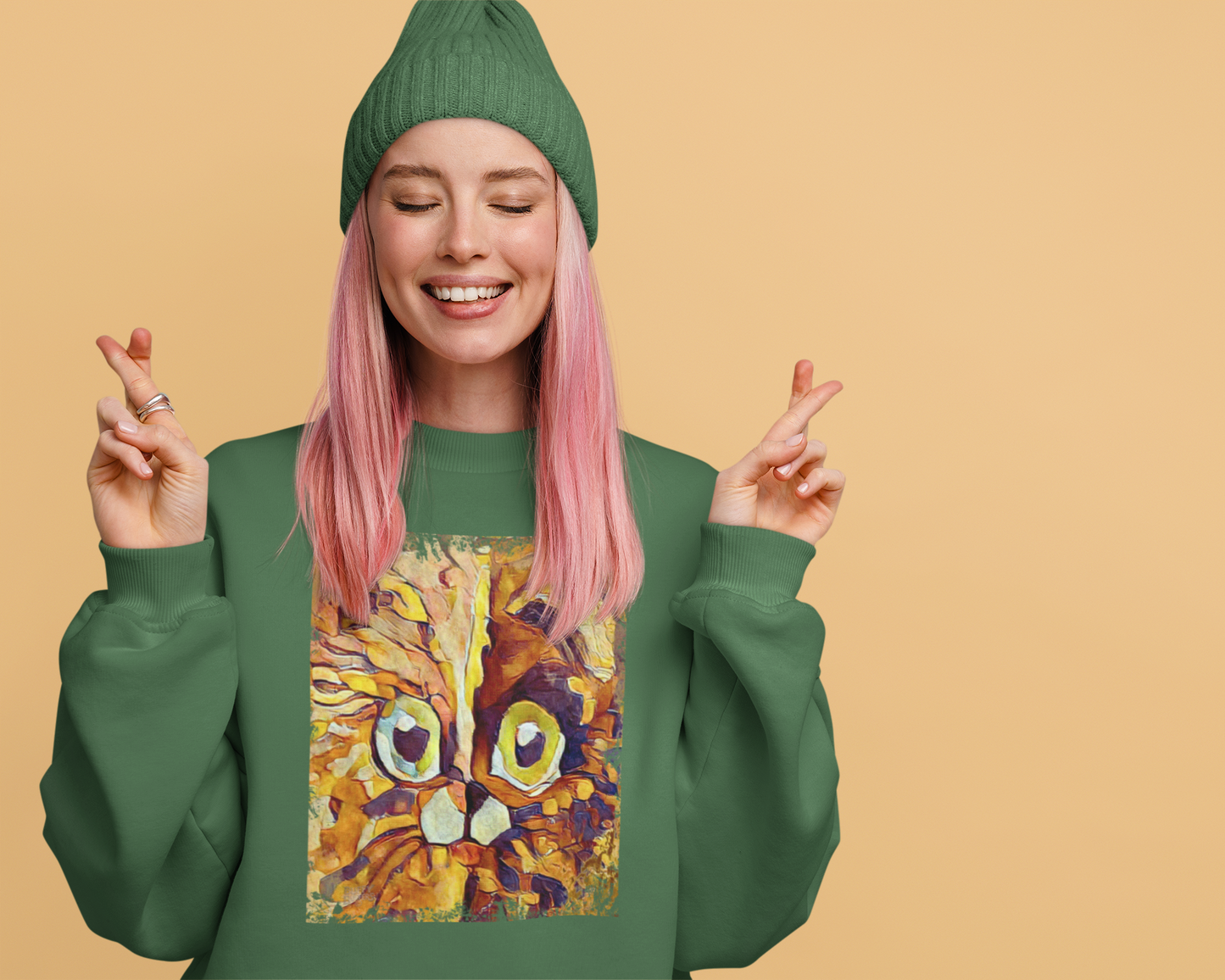 Half cat, half dog impasto portrait with bright green eyes in warm autumn browns—amber, rust and honey.