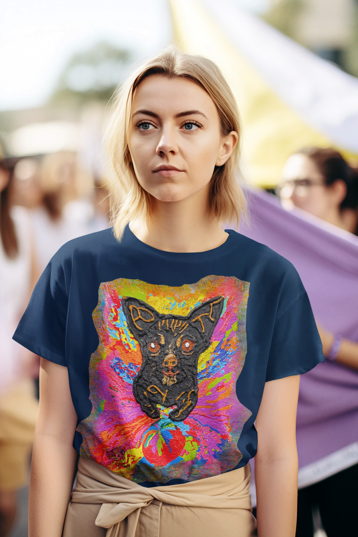 Person wearing a navy blue t-shirt with a colorful cat graphic design.