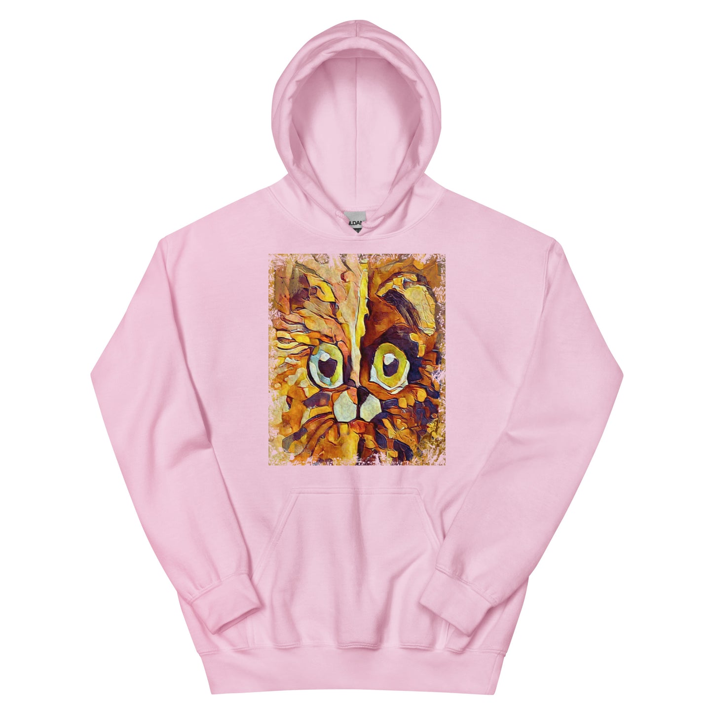 Half cat, half dog impasto portrait with bright green eyes in warm autumn browns—amber, rust and honey.