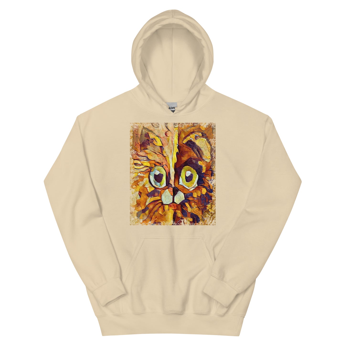 Half cat, half dog impasto portrait with bright green eyes in warm autumn browns—amber, rust and honey.