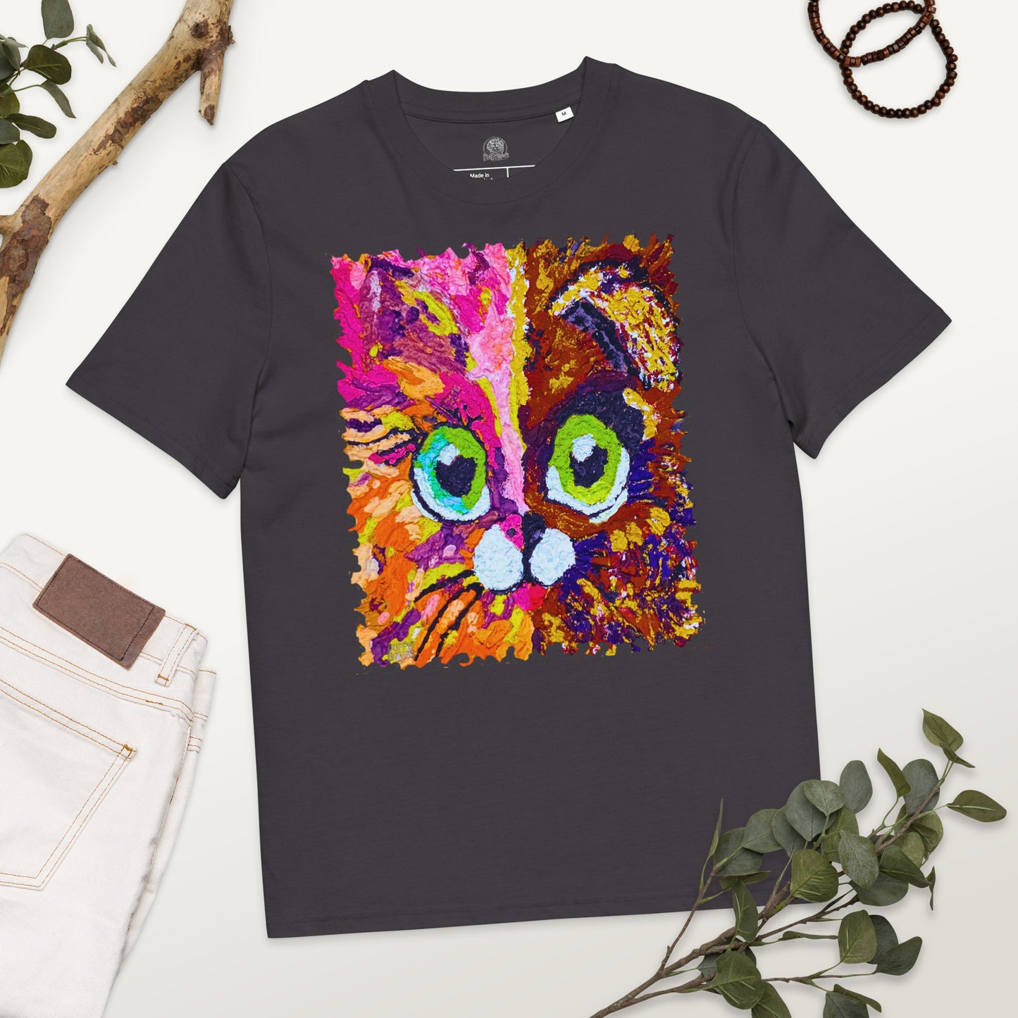 Half cat, half dog impasto portrait with bright green eyes in lively summer tones—rose, coral and golden yellow.