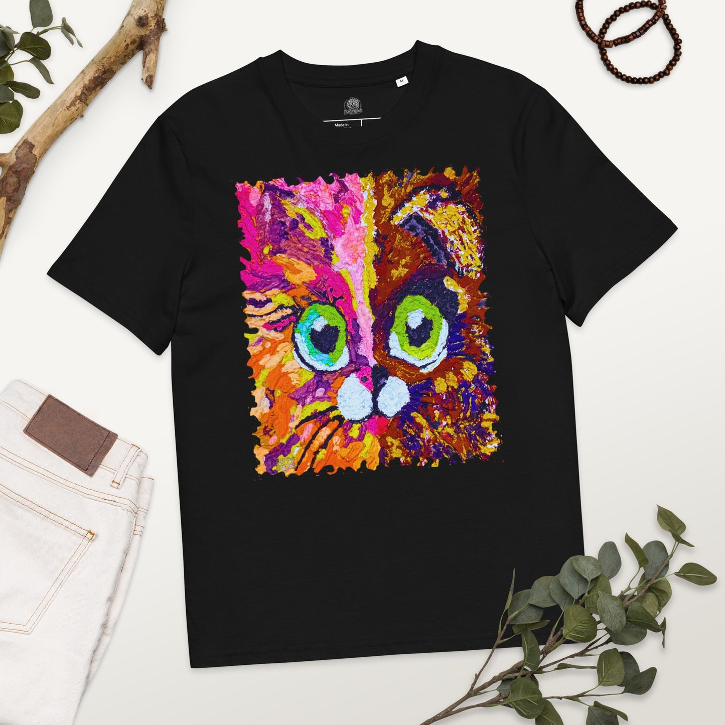 Half cat, half dog impasto portrait with bright green eyes in lively summer tones—rose, coral and golden yellow.