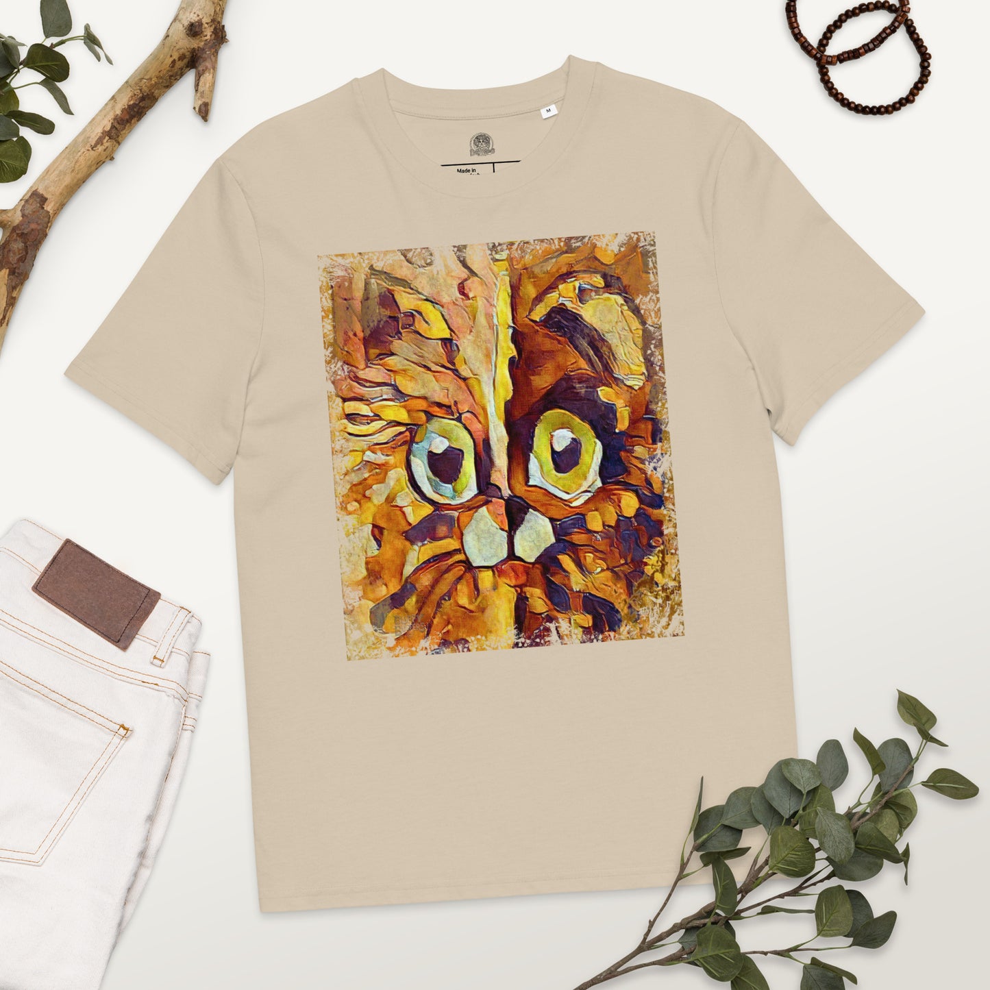Half cat, half dog impasto portrait with bright green eyes in warm autumn browns—amber, rust and honey.