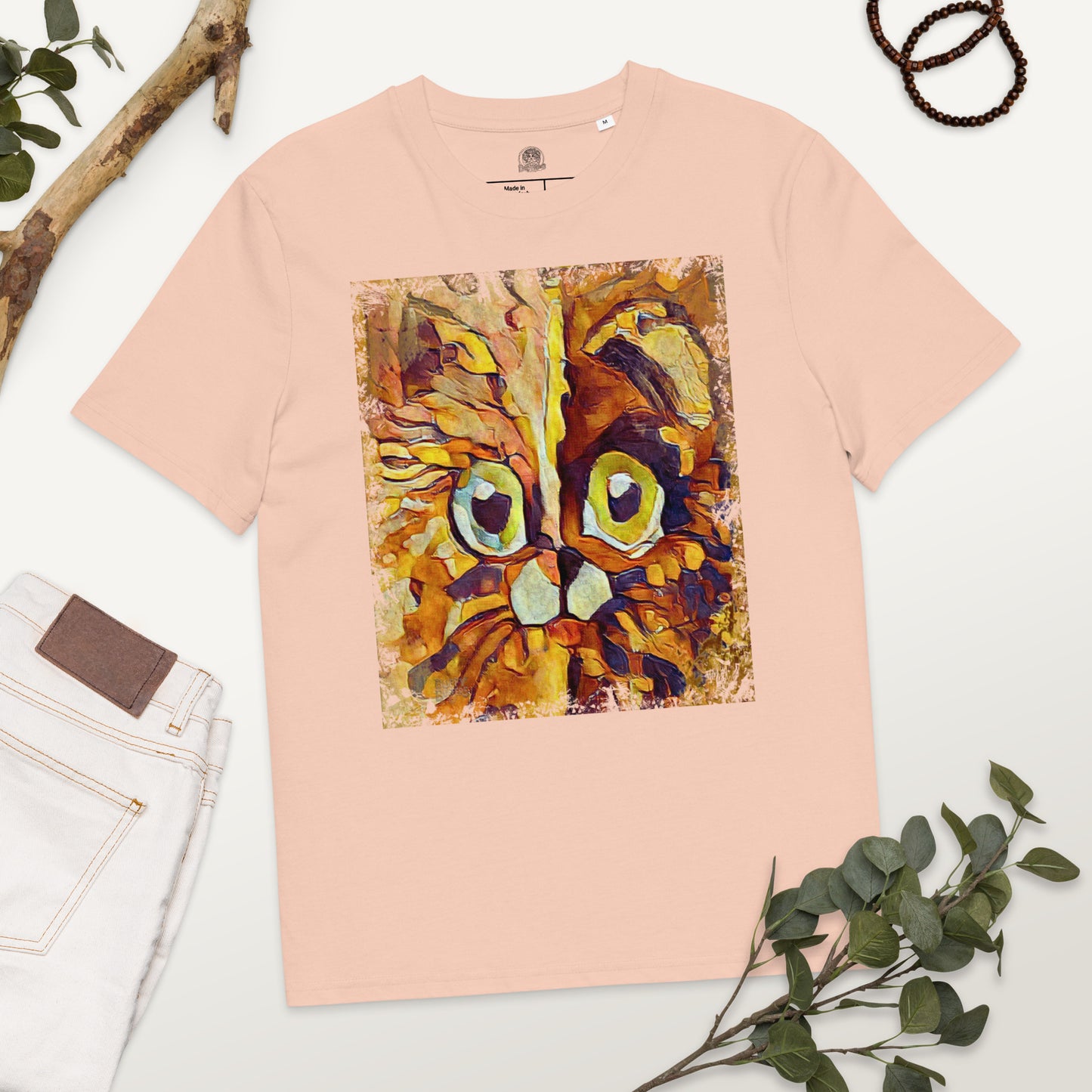 Half cat, half dog impasto portrait with bright green eyes in warm autumn browns—amber, rust and honey.