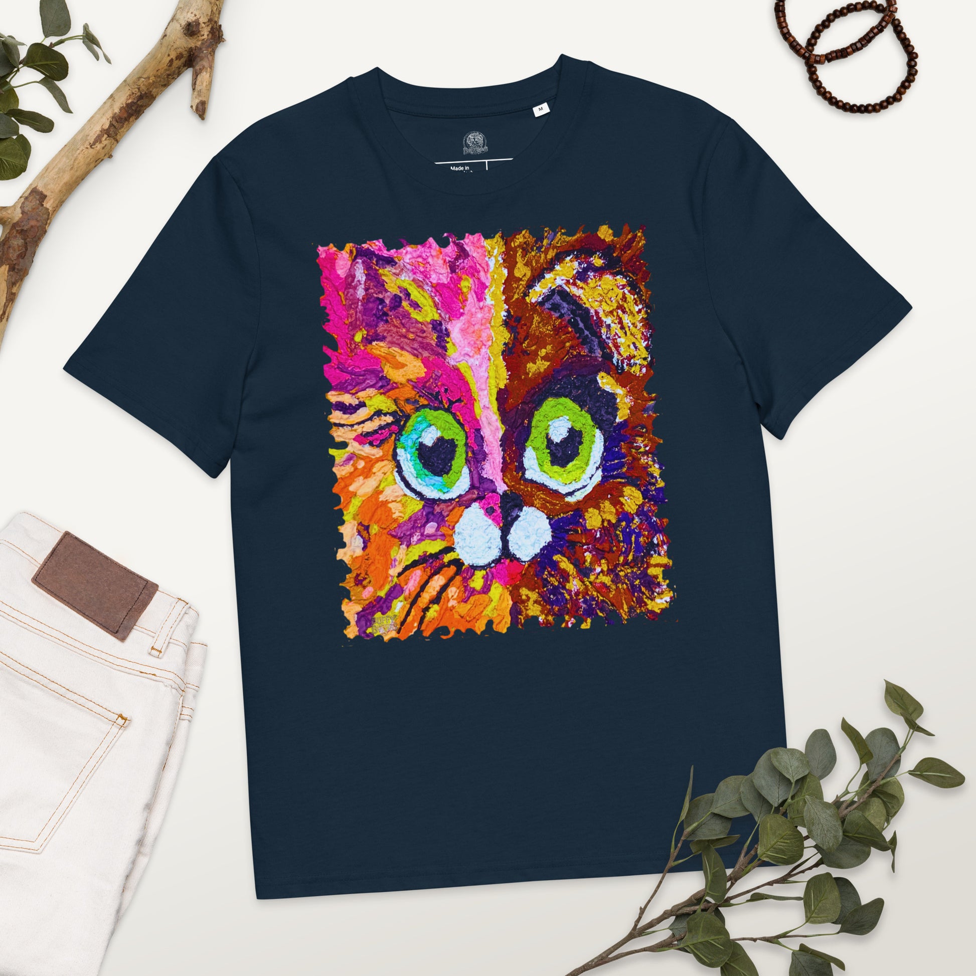 Half cat, half dog impasto portrait with bright green eyes in lively summer tones—rose, coral and golden yellow.