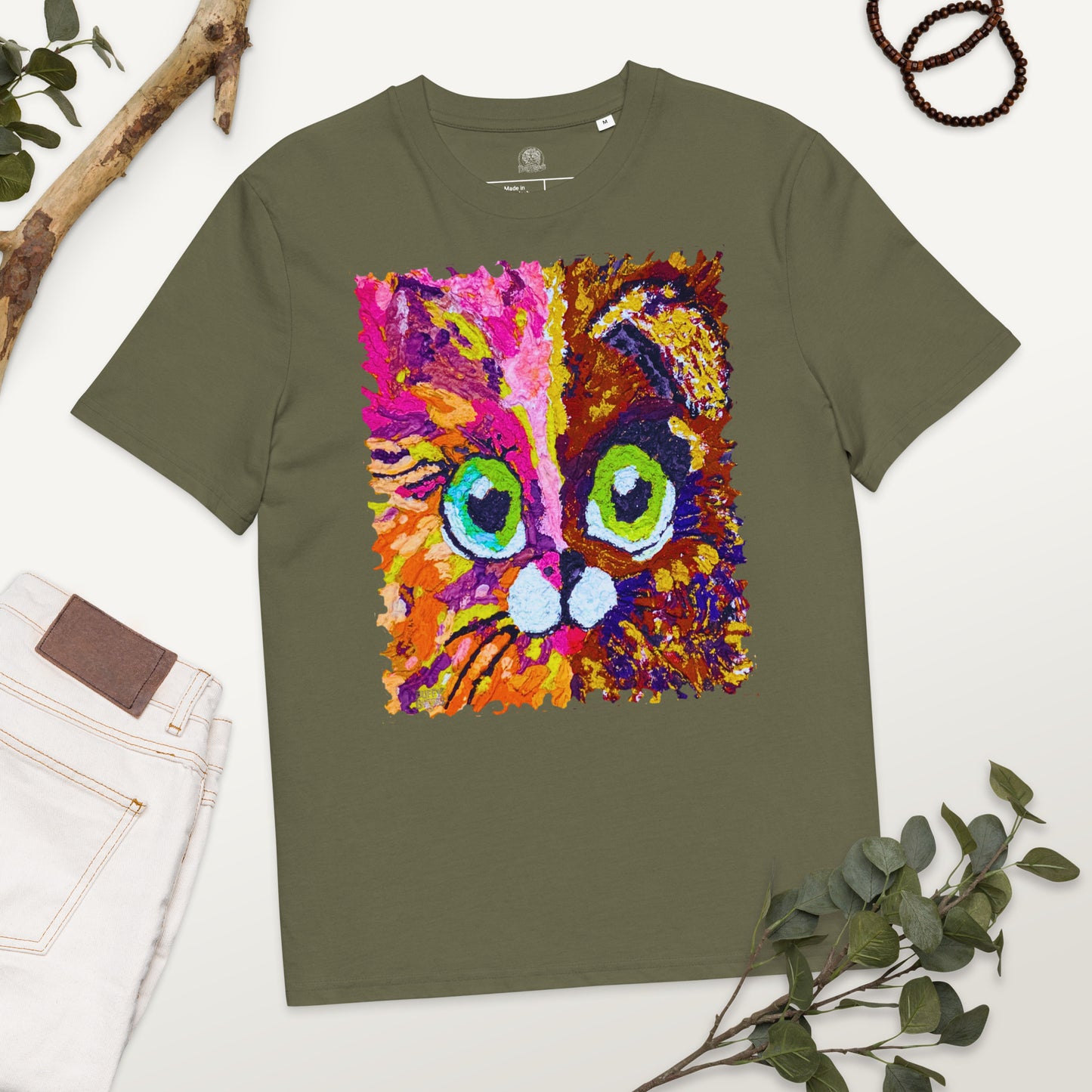 Half cat, half dog impasto portrait with bright green eyes in lively summer tones—rose, coral and golden yellow.