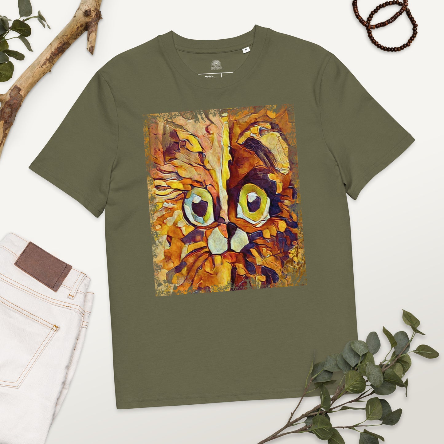 Half cat, half dog impasto portrait with bright green eyes in warm autumn browns—amber, rust and honey.