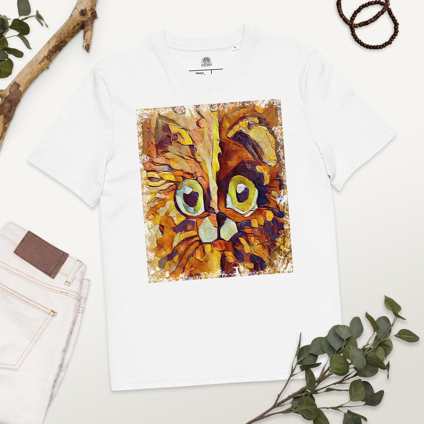 Half cat, half dog impasto portrait with bright green eyes in warm autumn browns—amber, rust and honey.