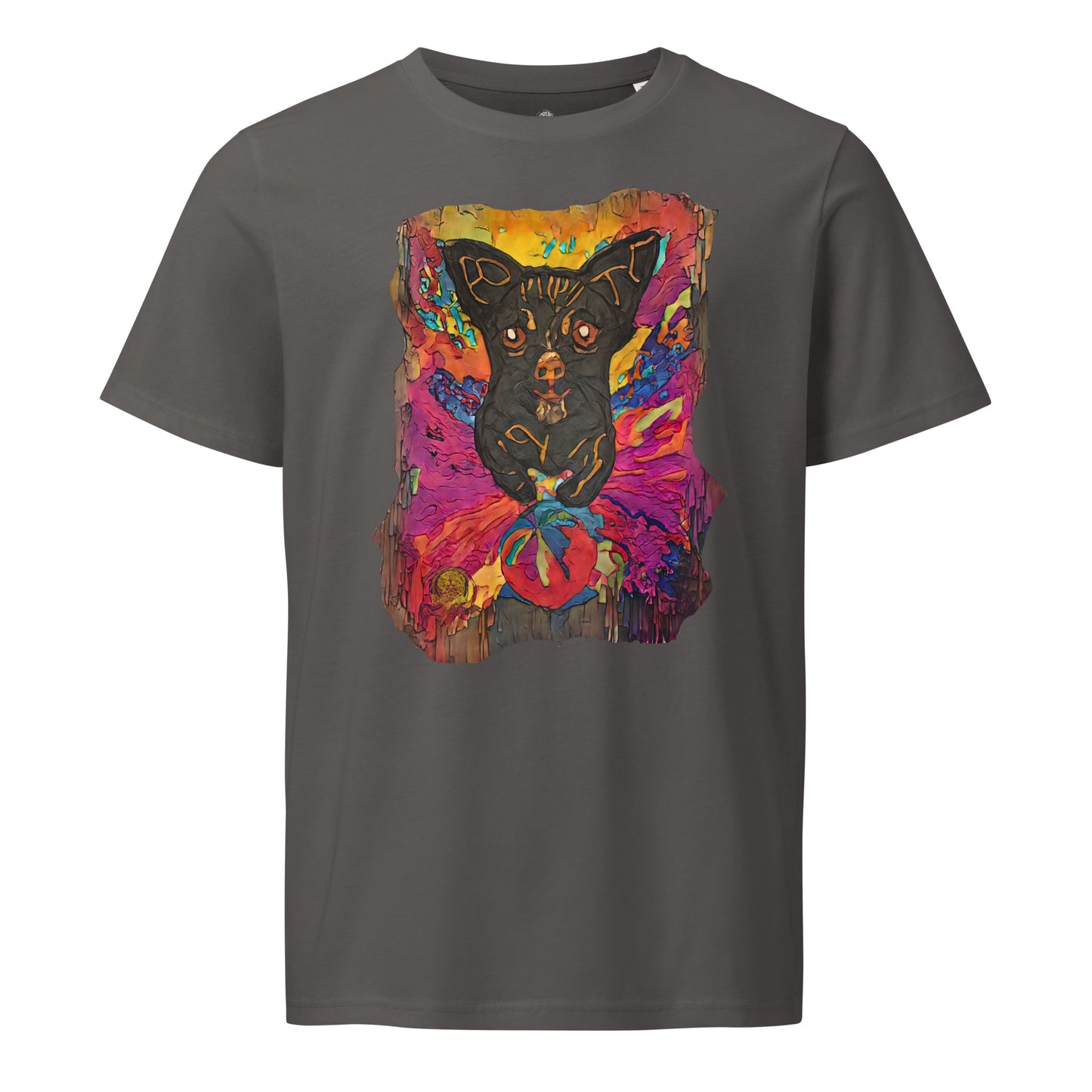Guardian of Hearts dog art design on anthracite organic cotton t-shirt - impasto style painting featuring black dog with vibrant pink, purple and golden yellow background - Amber Edition by BuffyBuffers Product mockup