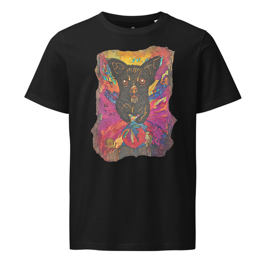 Guardian of Hearts dog art design on black organic cotton t-shirt - impasto style painting featuring black dog with vibrant pink, purple and golden yellow background - Amber Edition by BuffyBuffers Product mockup