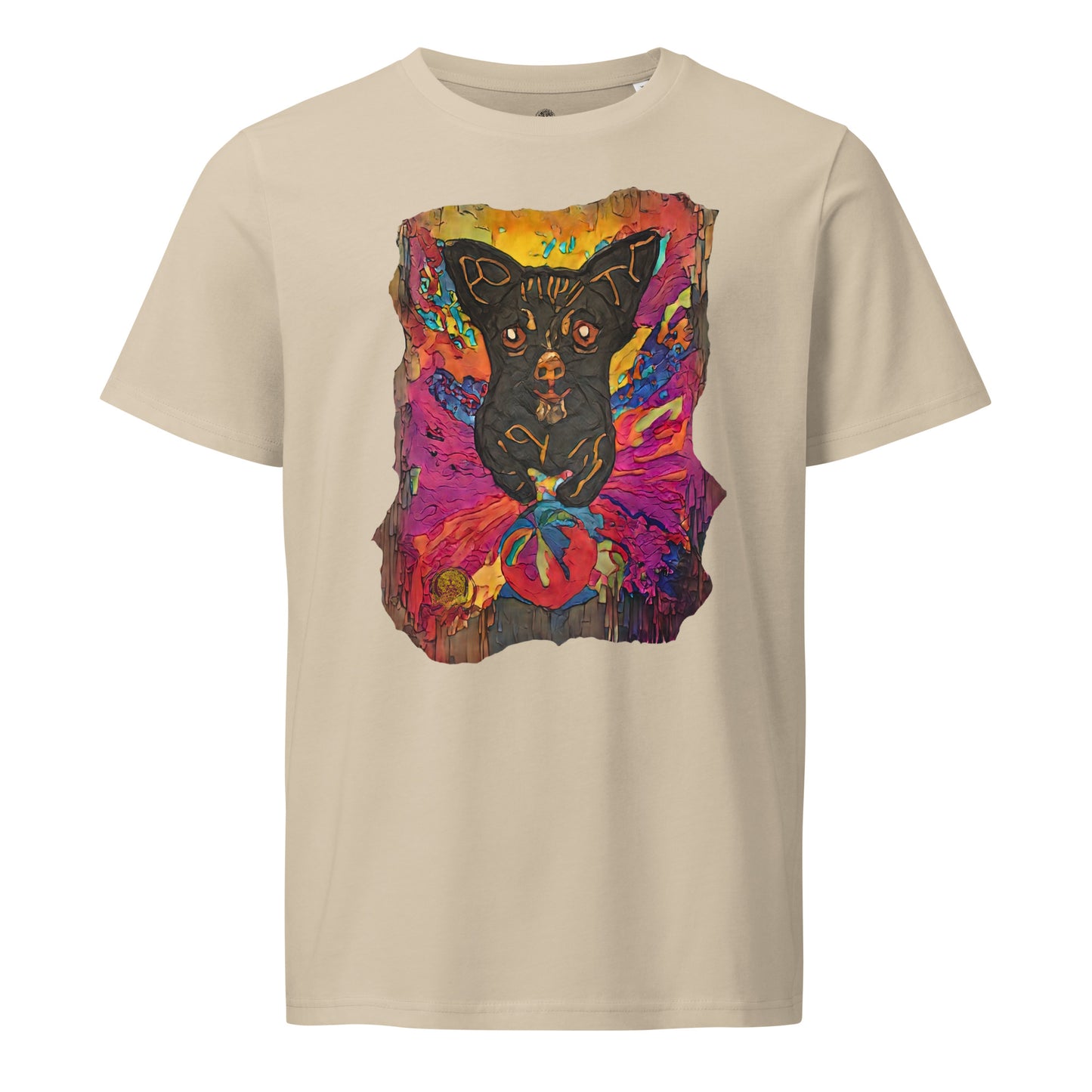 Guardian of Hearts dog art design on desert dust organic cotton t-shirt - impasto style painting featuring black dog with vibrant pink, purple and golden yellow background - Amber Edition by BuffyBuffers
Product mockup