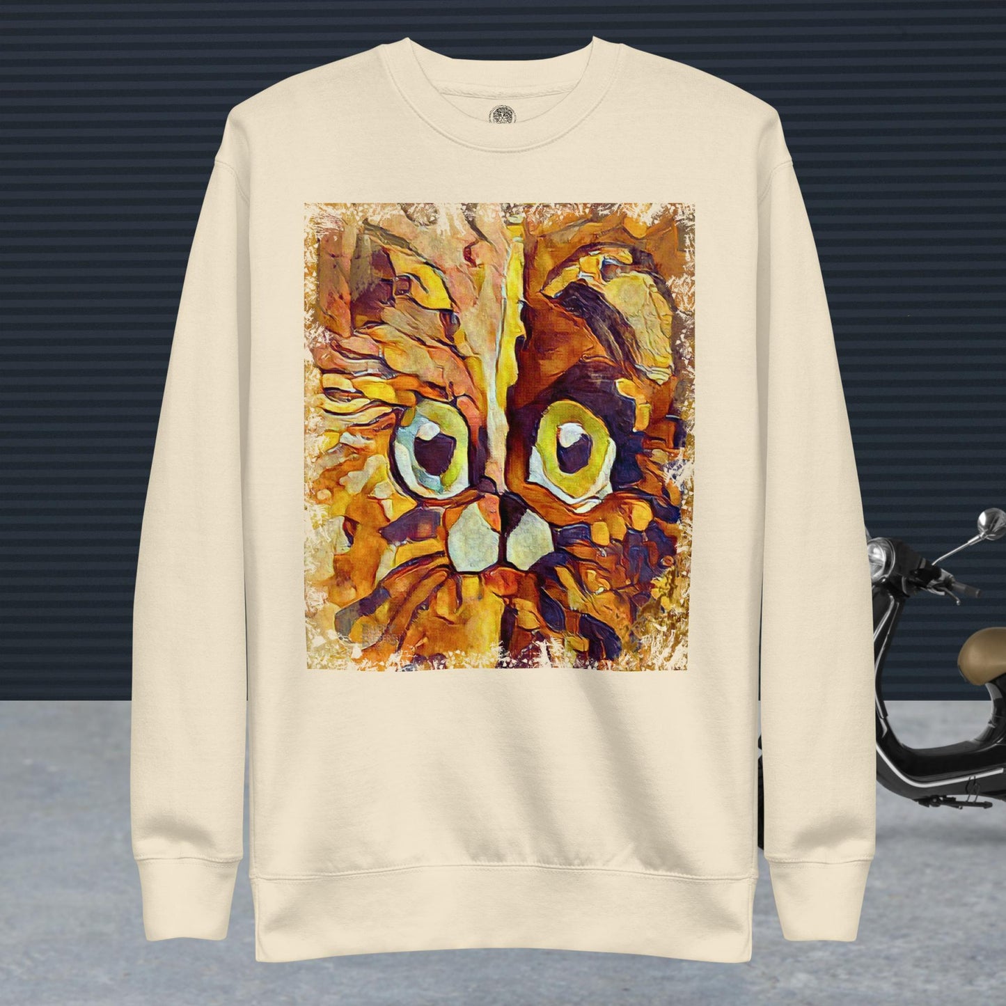 Half cat, half dog impasto portrait with bright green eyes in warm autumn browns—amber, rust and honey.