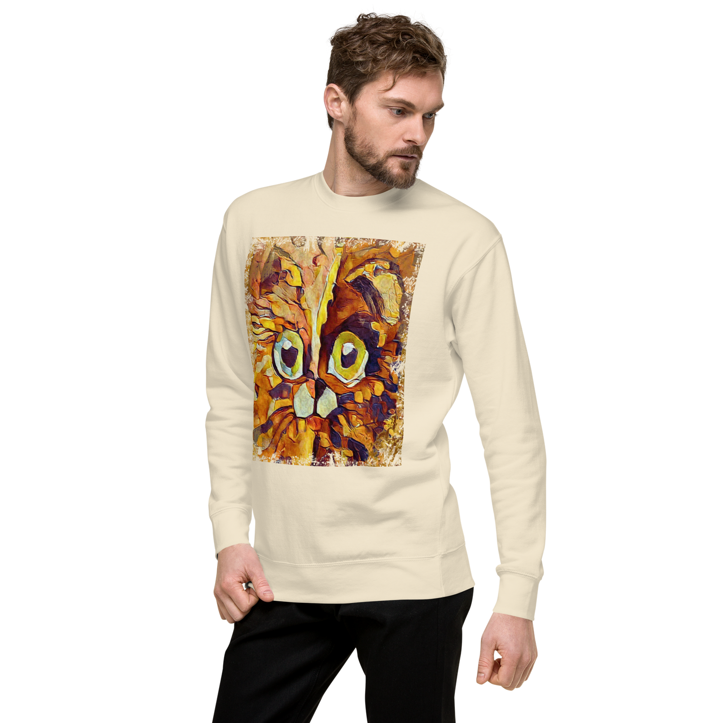 Half cat, half dog impasto portrait with bright green eyes in warm autumn browns—amber, rust and honey.