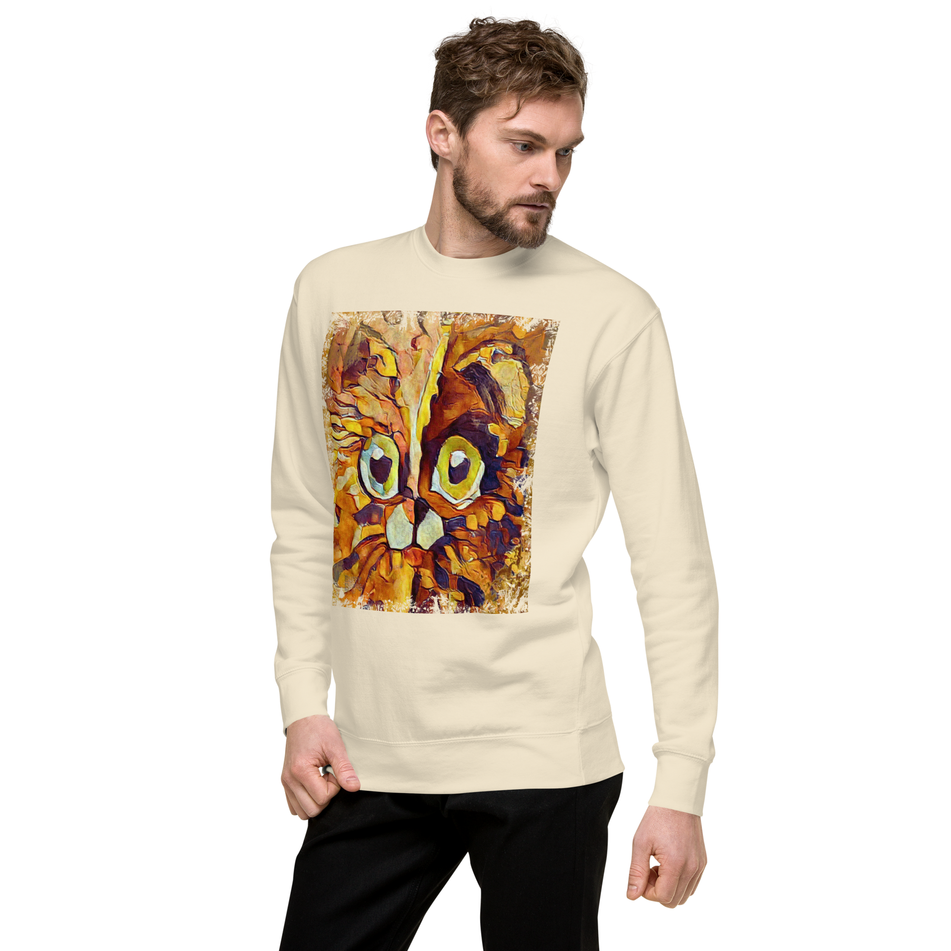 Half cat, half dog impasto portrait with bright green eyes in warm autumn browns—amber, rust and honey.