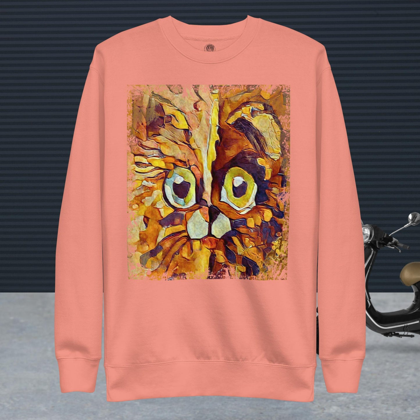 Half cat, half dog impasto portrait with bright green eyes in warm autumn browns—amber, rust and honey.