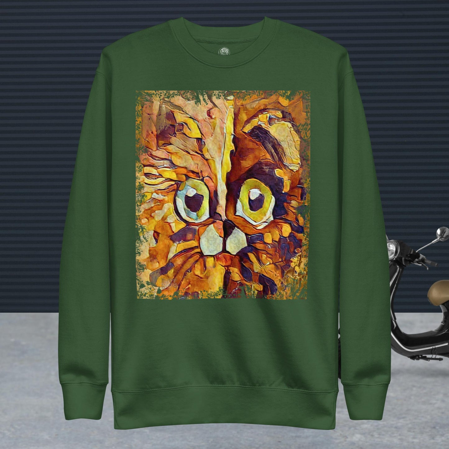 Half cat, half dog impasto portrait with bright green eyes in warm autumn browns—amber, rust and honey.