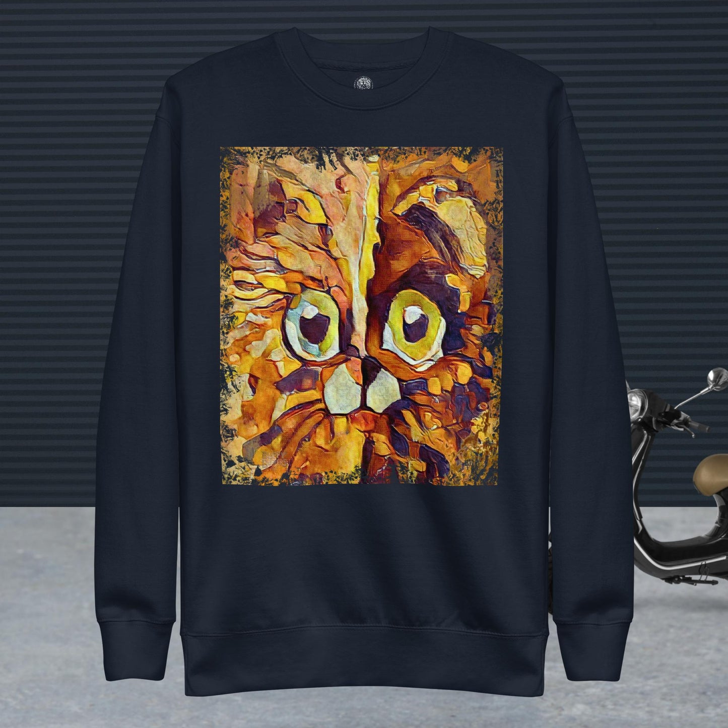 Half cat, half dog impasto portrait with bright green eyes in warm autumn browns—amber, rust and honey.