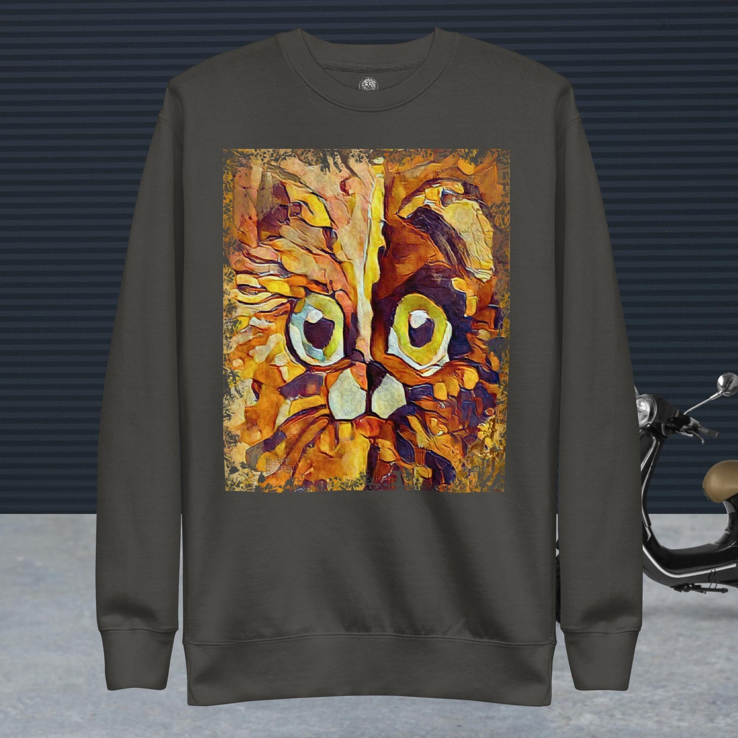 Half cat, half dog impasto portrait with bright green eyes in warm autumn browns—amber, rust and honey.