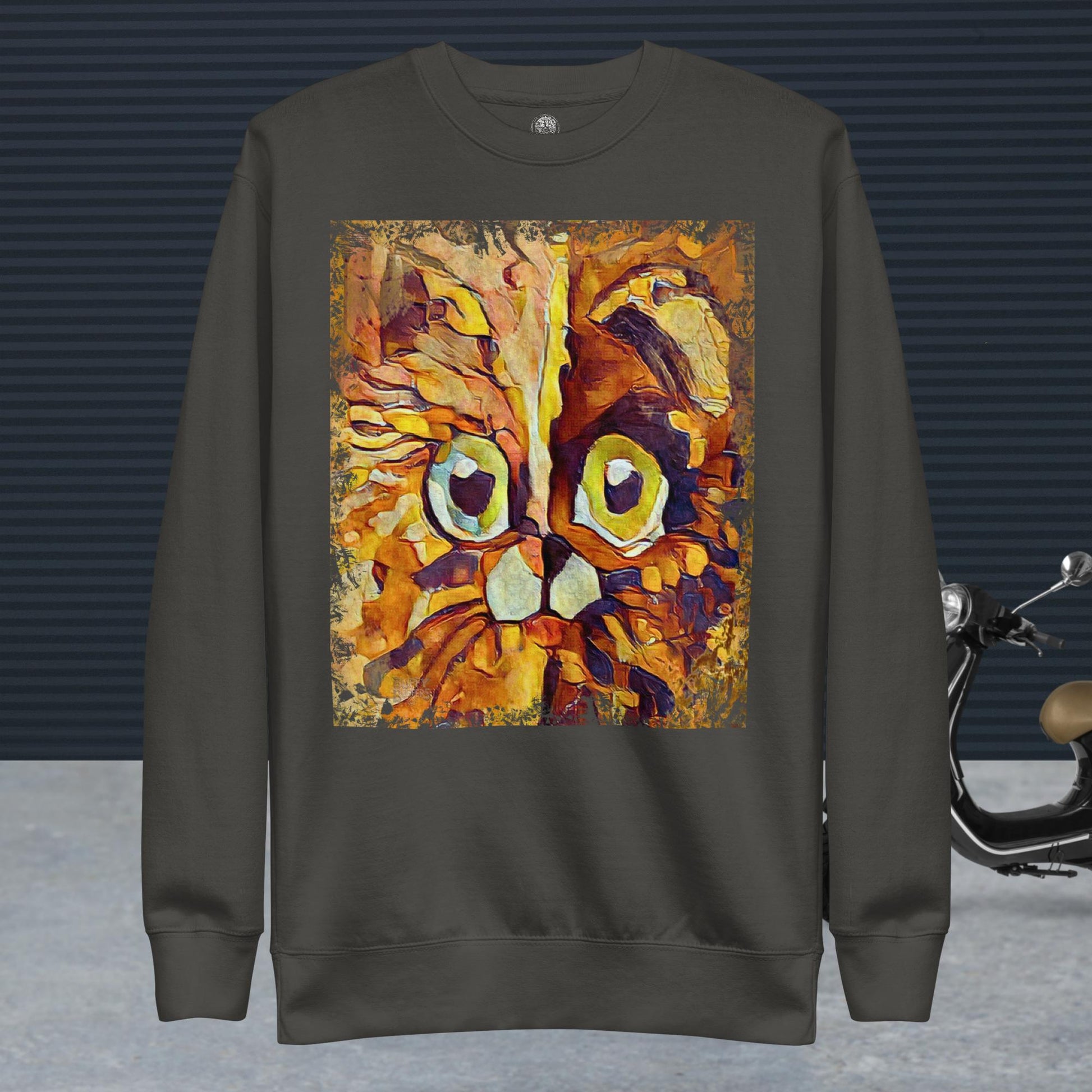 Half cat, half dog impasto portrait with bright green eyes in warm autumn browns—amber, rust and honey.