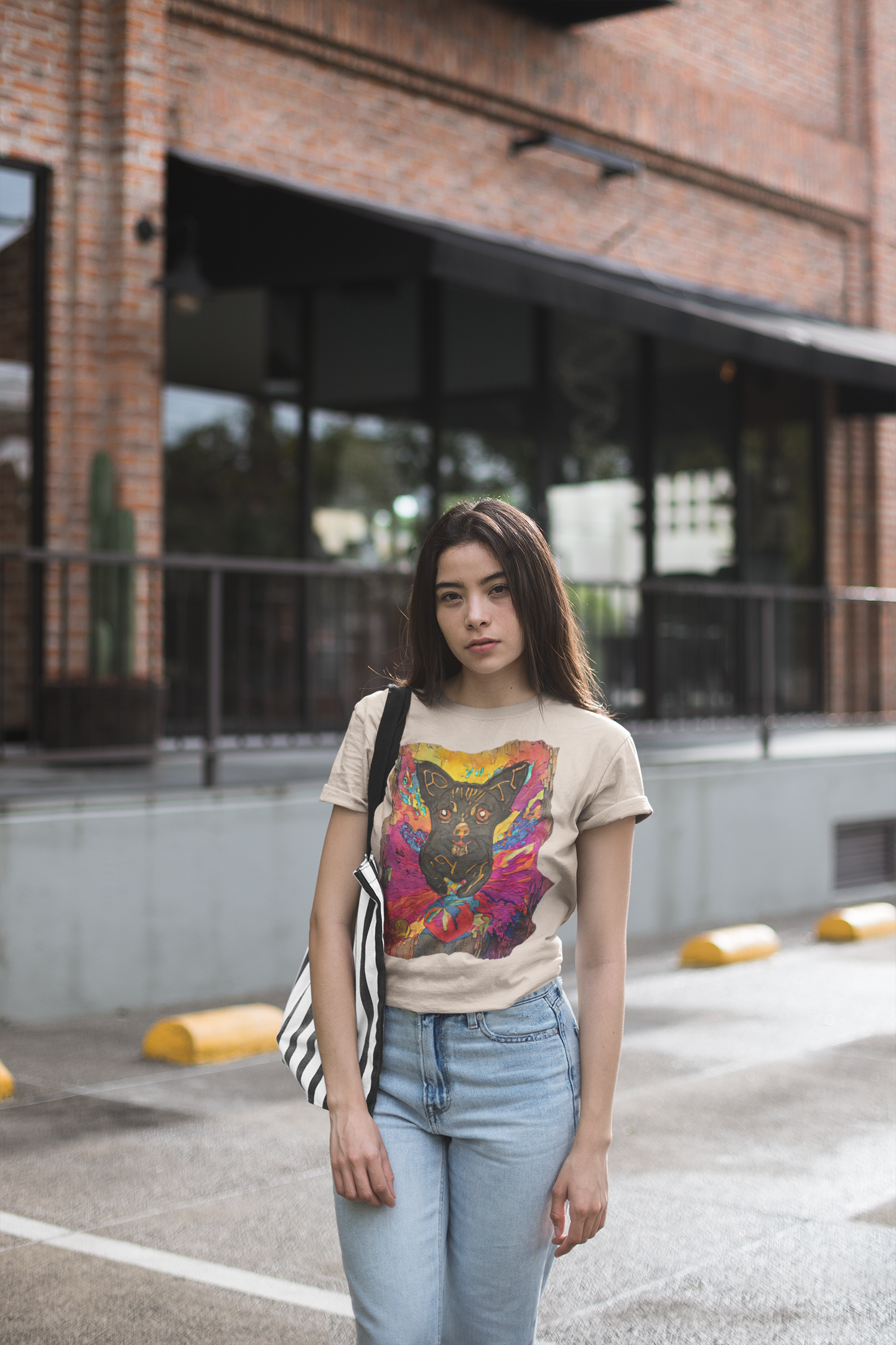 Woman wearing a t-shirt with a colorful bear graphic design in an urban setting.