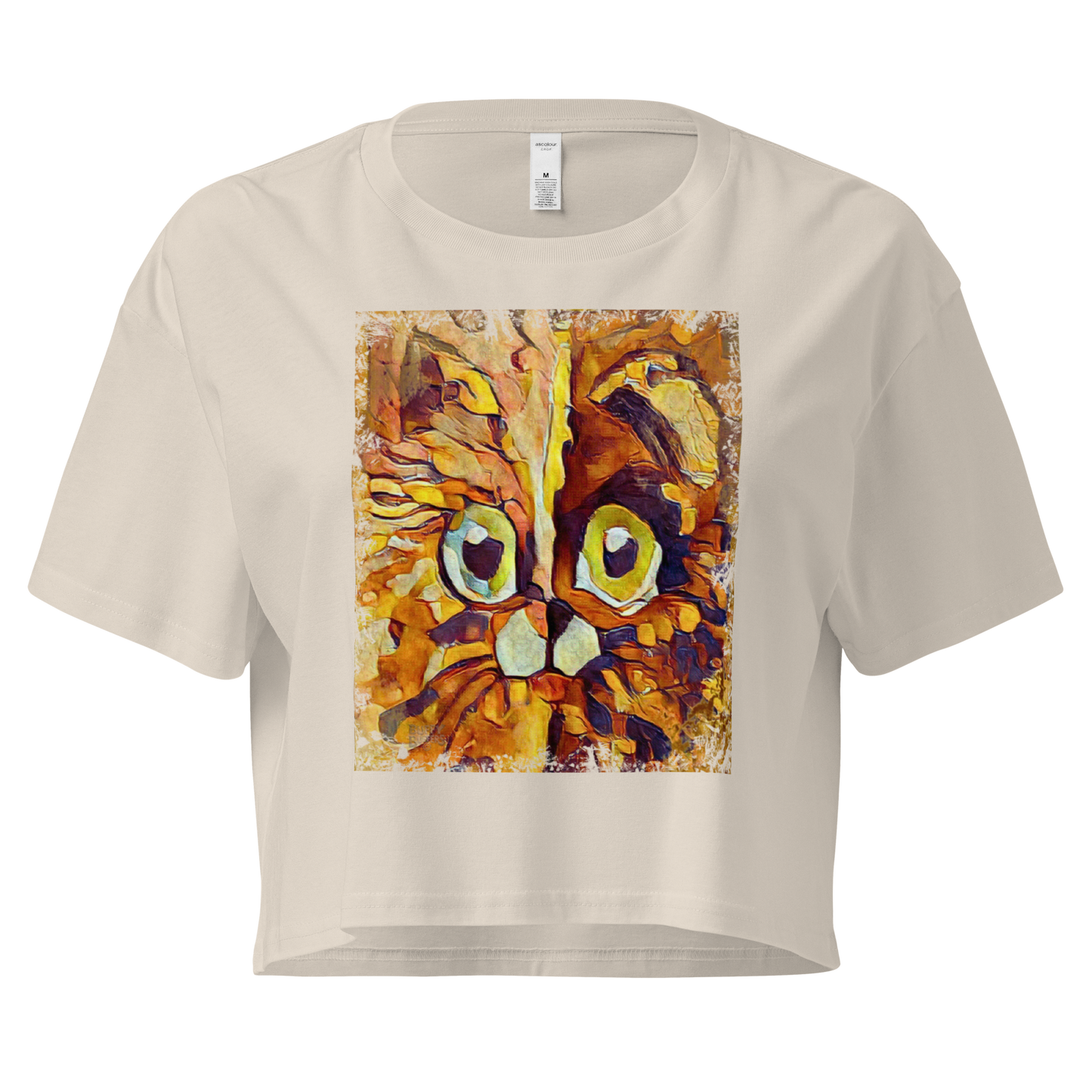 Half cat, half dog impasto portrait with bright green eyes in warm autumn browns—amber, rust and honey.