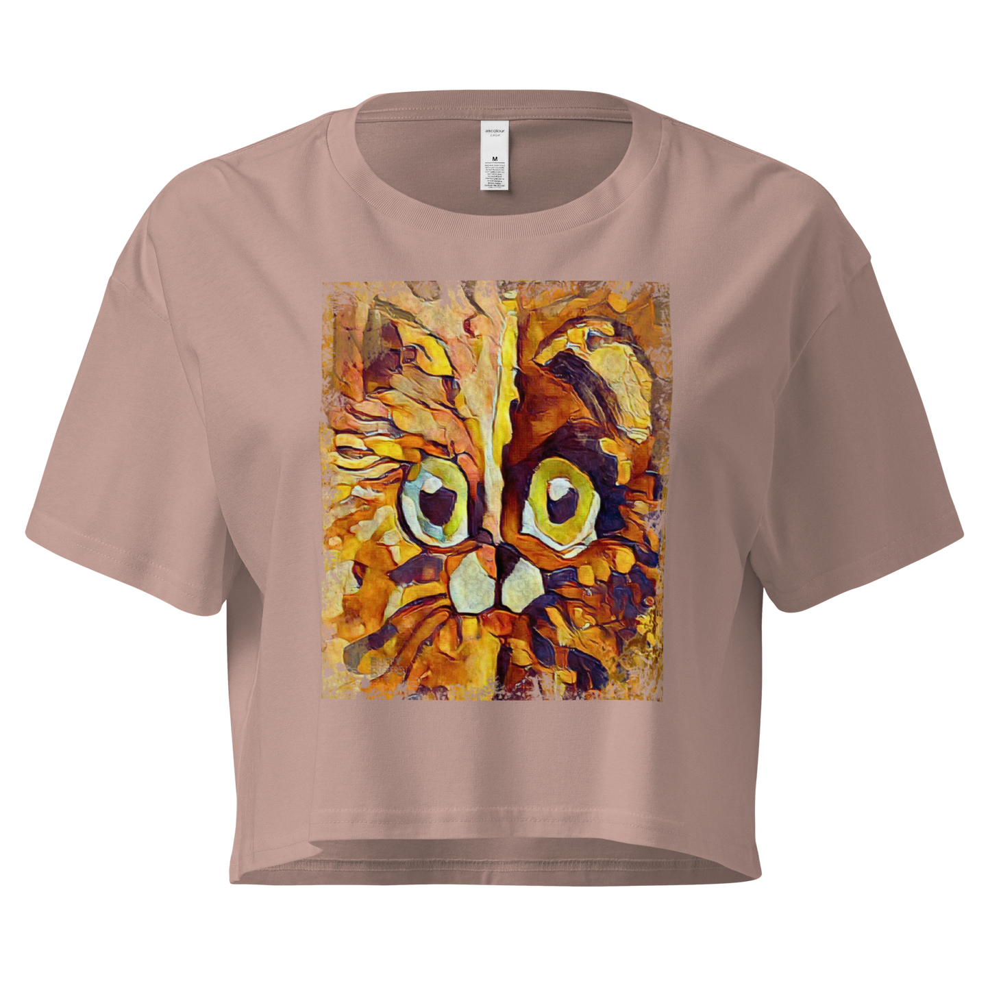 Half cat, half dog impasto portrait with bright green eyes in warm autumn browns—amber, rust and honey.