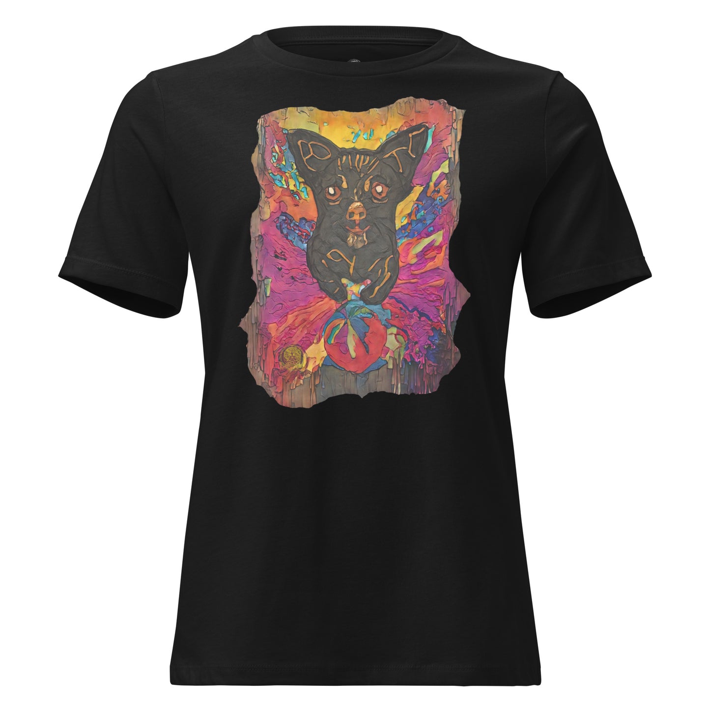 Guardian of Hearts dog art design on black organic cotton t-shirt - impasto style painting featuring black dog with vibrant pink, purple and golden yellow background - Amber Edition by BuffyBuffers Product mockup