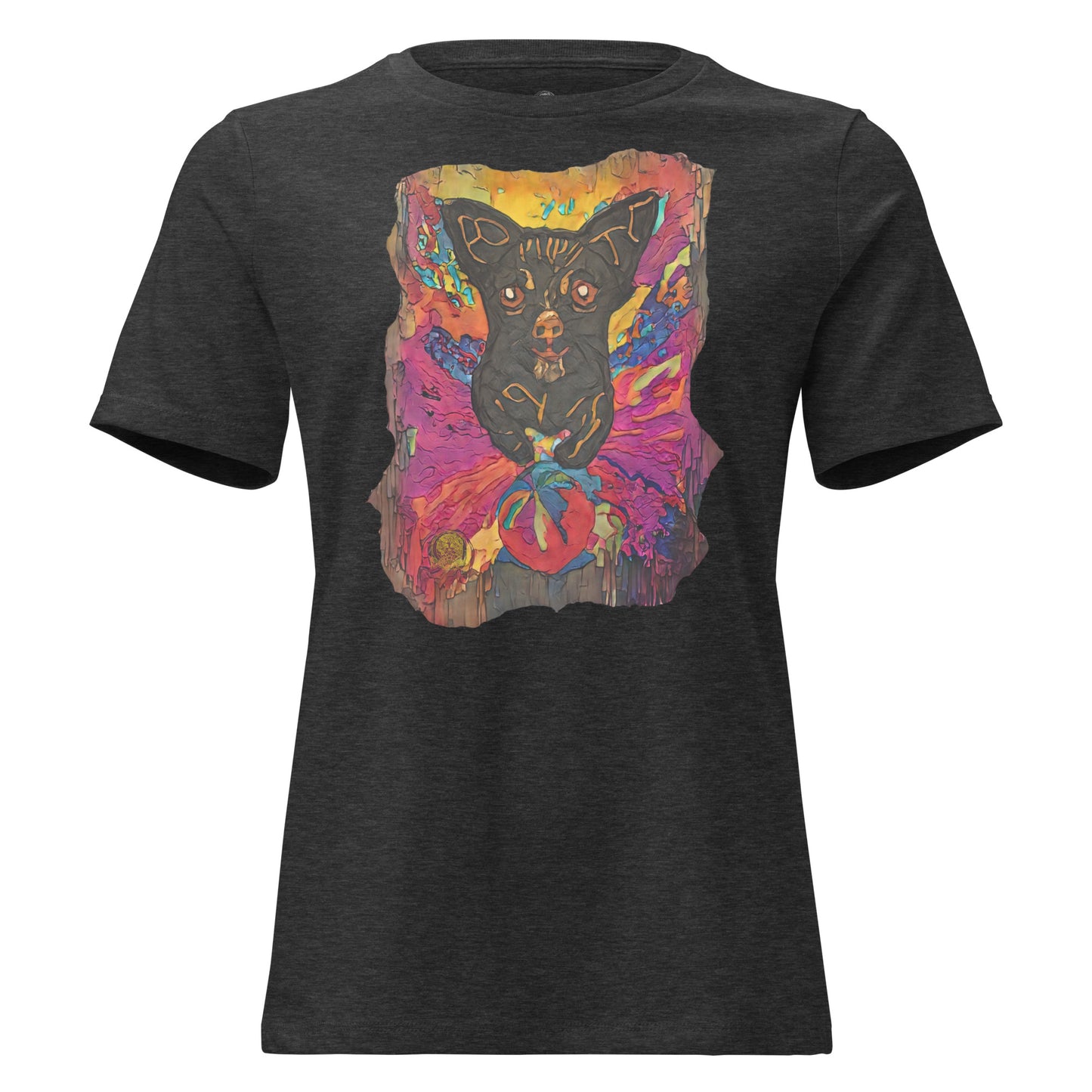 Guardian of Hearts dog art design on Dark Grey Heather organic cotton t-shirt - impasto style painting featuring black dog with vibrant pink, purple and golden yellow background - Amber Edition by BuffyBuffers Product mockup