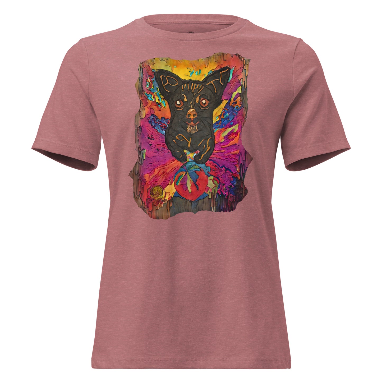 Guardian of Hearts dog art design on Heather Mauve organic cotton t-shirt - impasto style painting featuring black dog with vibrant pink, purple and golden yellow background - Amber Edition by BuffyBuffers Product mockup